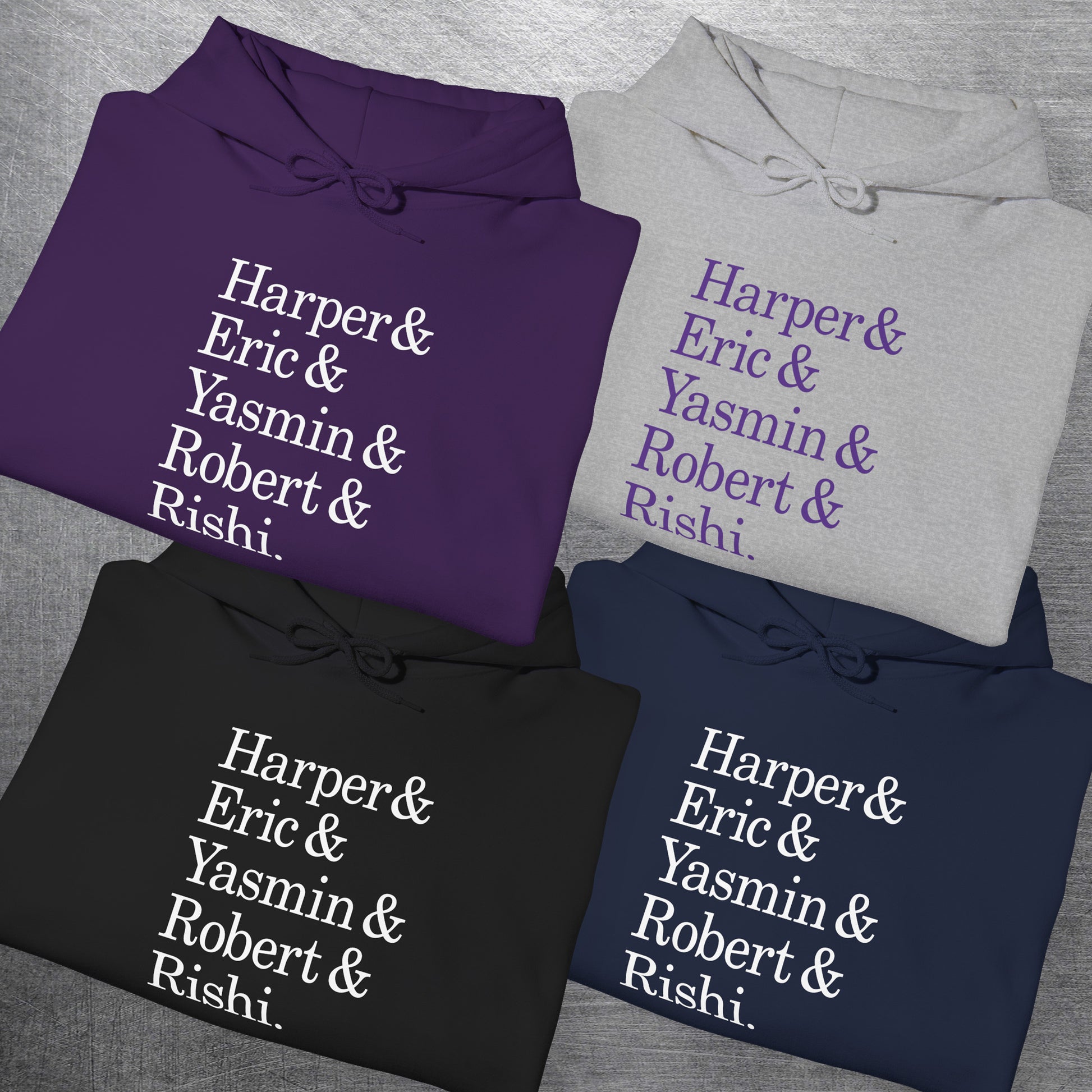 Four folded hoodies with names Harper, Eric, Yasmin, Robert & Rishi in Pierpoint & Co. font, inspired by TV show Industry.