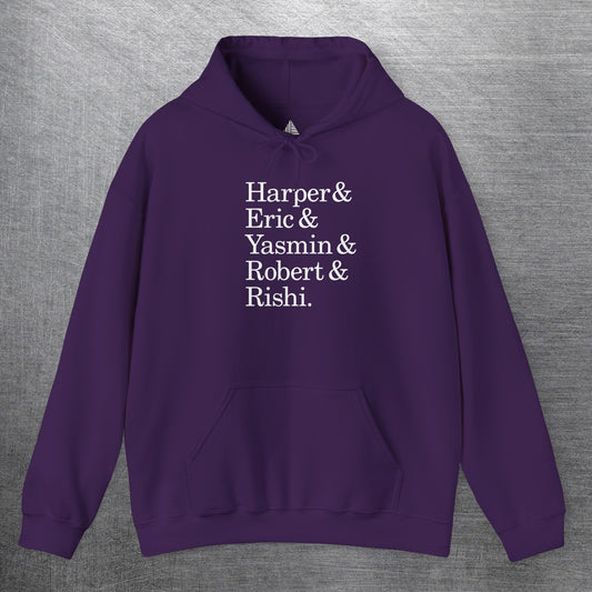 Purple hoodie with names Harper, Eric, Yasmin, Robert & Rishi in Pierpoint & Co. font, inspired by TV show Industry.