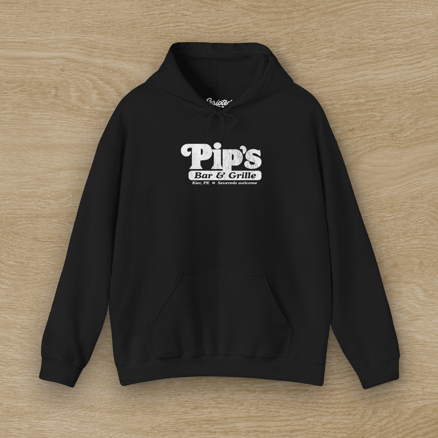 Front view of a black colored Soft Unisex Hoodie Heavy Blend Hooded Sweatshirt featuring the Pips Bar & Grill logo, with the added text "Severeds Welcome" inspired by the TV show Severance in a vintage distressed style, sold by ScriptedBrand.