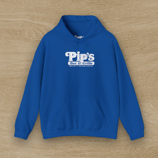 Front view of a royal blue colored Soft Unisex Hoodie Heavy Blend Hooded Sweatshirt featuring the Pips Bar & Grill logo, with the added text "Severeds Welcome" inspired by the TV show Severance in a vintage distressed style, sold by ScriptedBrand.