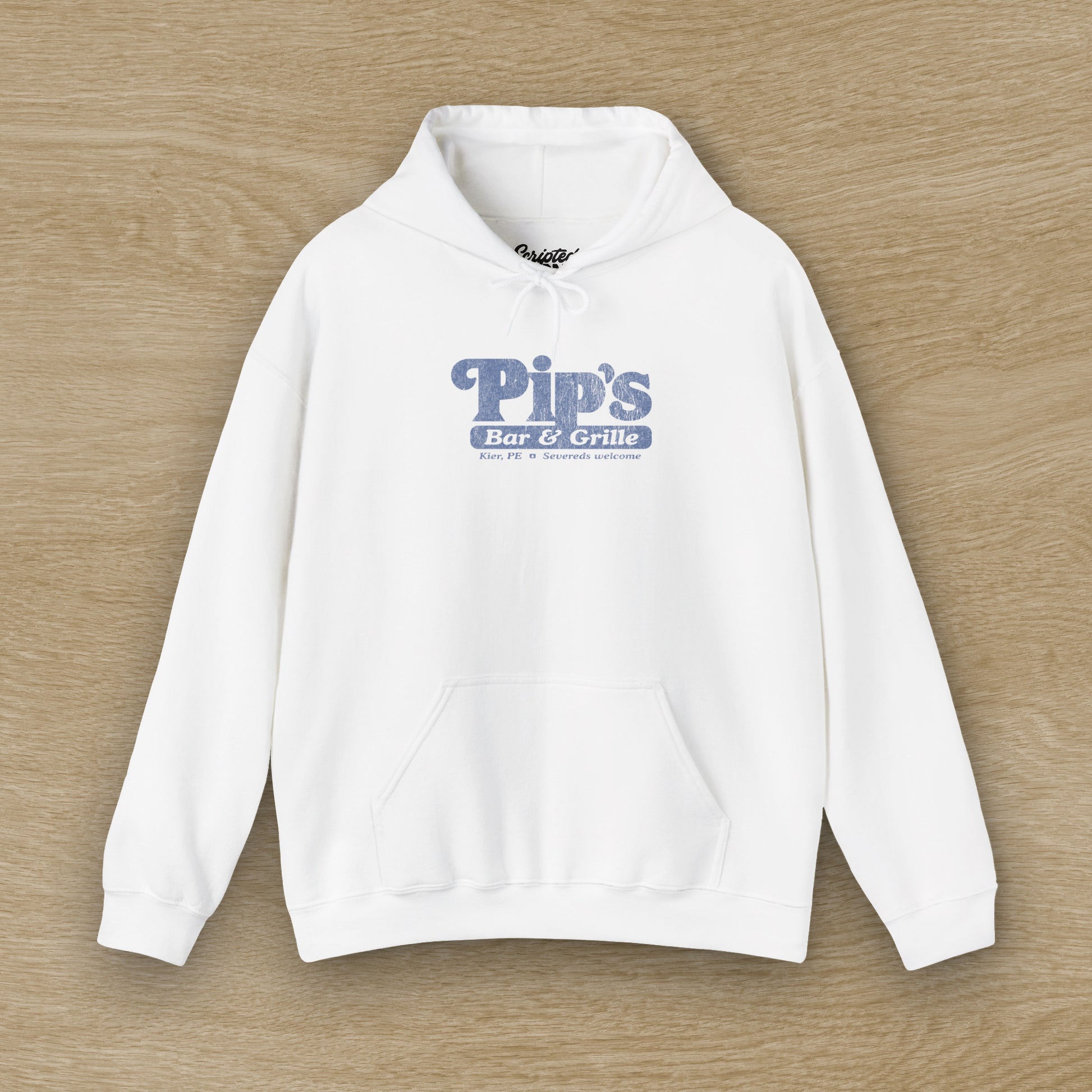 Front view of a white colored Soft Unisex Hoodie Heavy Blend Hooded Sweatshirt featuring the Pips Bar & Grill logo, with the added text "Severeds Welcome" inspired by the TV show Severance in a vintage distressed style, sold by ScriptedBrand.