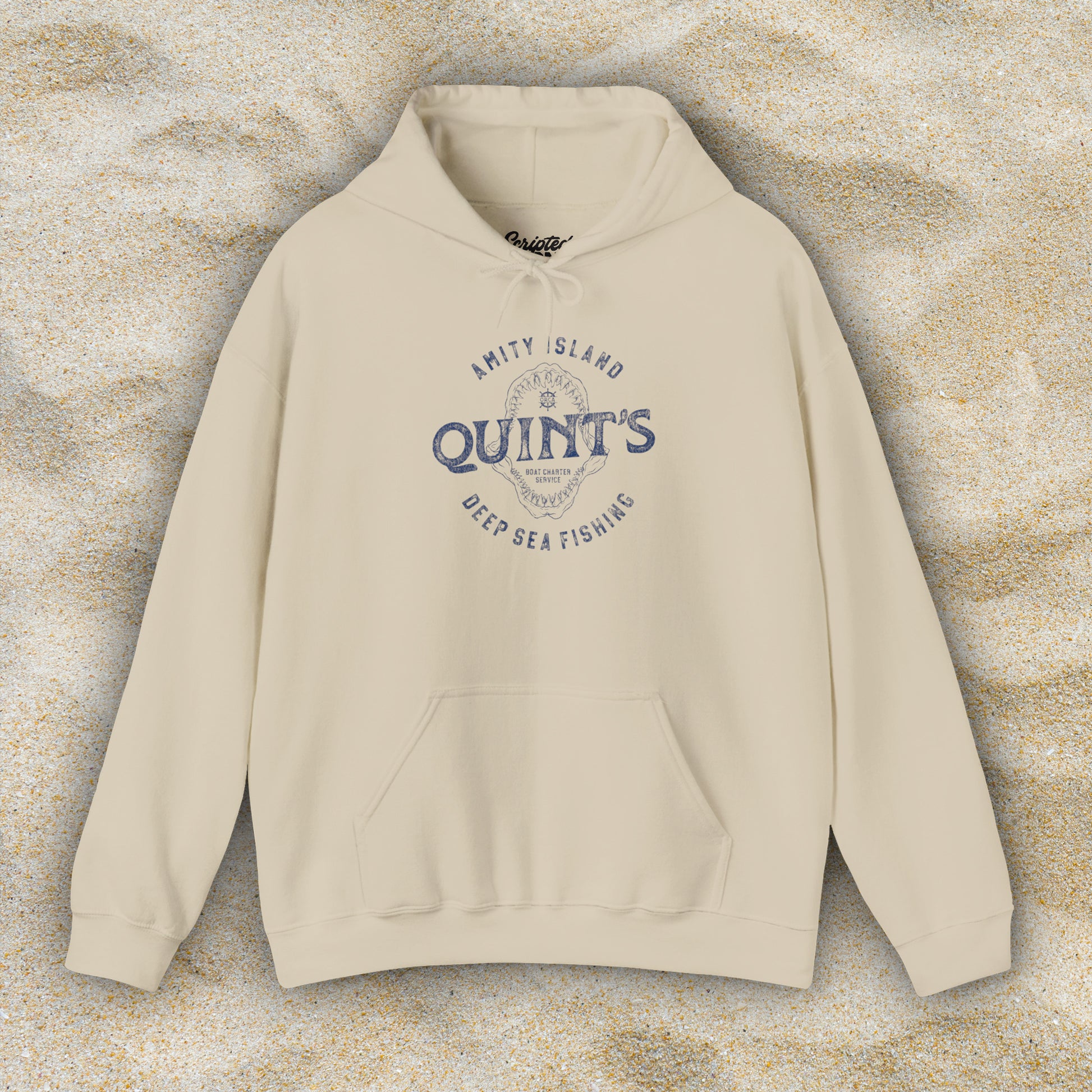 Front view of a sand tan Soft Unisex Hoodie Heavy Blend Hooded Sweatshirt featuring a Quint's Deep Sea Fishing Boat Charters logo graphic, designed by ScriptedBrand, and inspired by the movie Jaws in a vintage distressed style.