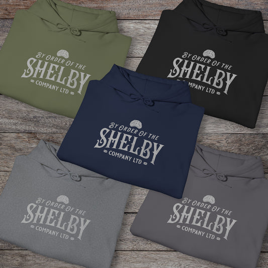 Group of 5 Shelby Company Ltd hoodies with vintage logo from Peaky Blinders, featuring flat cap and razor blades.