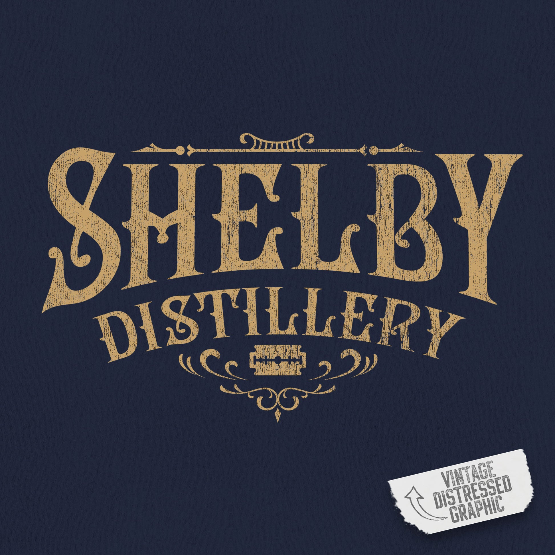 Closeup view of a navy blue Unisex Hoodie Heavy Blend Hooded Sweatshirt featuring the Shelby Company Limited Distillery Logo Graphic inspired by the TV show and movie Peaky Blinders in a vintage distressed ink-stamped worn-in style.