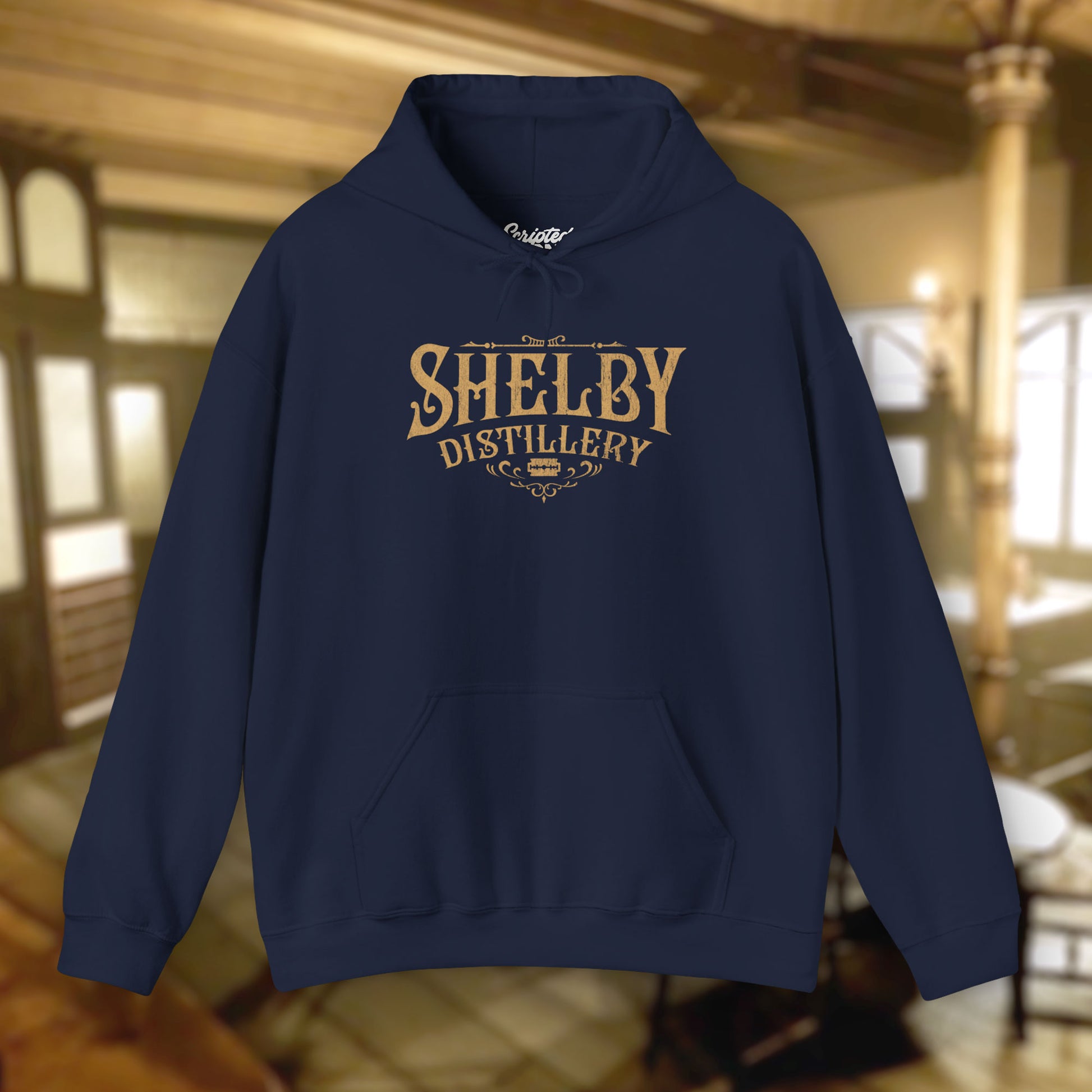 Navy blue colored Unisex Hoodie Heavy Blend Hooded Sweatshirt featuring the Shelby Company Limited Distillery Logo Graphic inspired by the TV show and movie Peaky Blinders in a vintage distressed ink-stamped worn-in style.