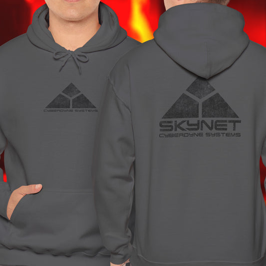 Charcoal Gray Hoodie Sweatshirt featuring the fictional logo Skynet Cyberdyne Systems from the movie The Terminator printed on both sides in a vintage distressed style.