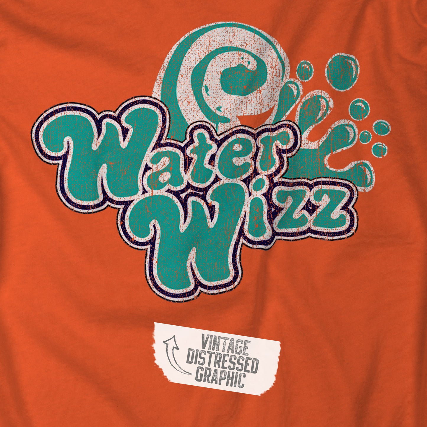 Closeup of Orange Gildan 18500 pullover hoodie with vintage distressed Water Wizz logo from Grown Ups on the chest.