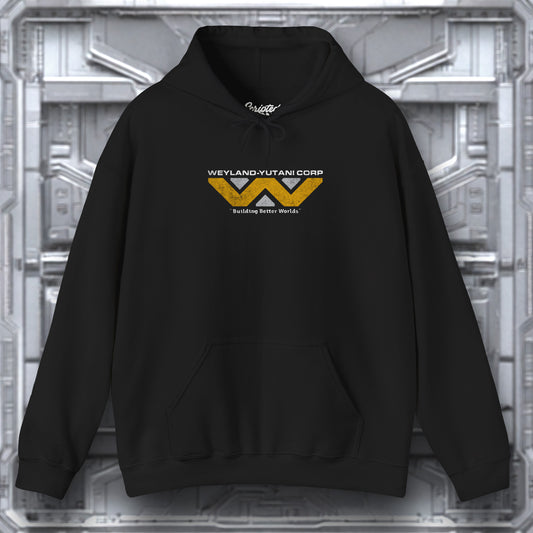 Black hoodie with Weyland-Yutani Corp logo on a metallic background