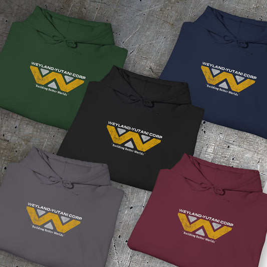 Five hoodies in green, black, blue, gray, and red with a Weyland Yutani Corp logo on a textured surface.