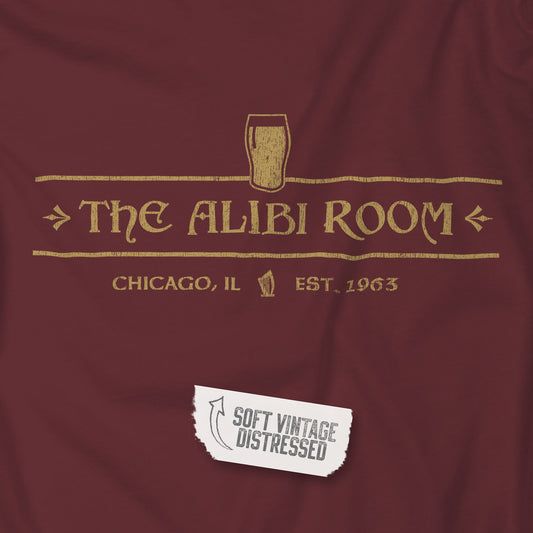 Closeup of t-shirt featuring The Alibi Room logo graphic inspired by the TV show Shameless in a vintage distressed style.