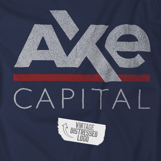 Closeup view of a navy blue colored soft Bella+Canvas 3001 short-sleeve t-shirt featuring the Axe Capital logo from the TV show Billions in a vintage distressed style, sold by ScriptedBrand.