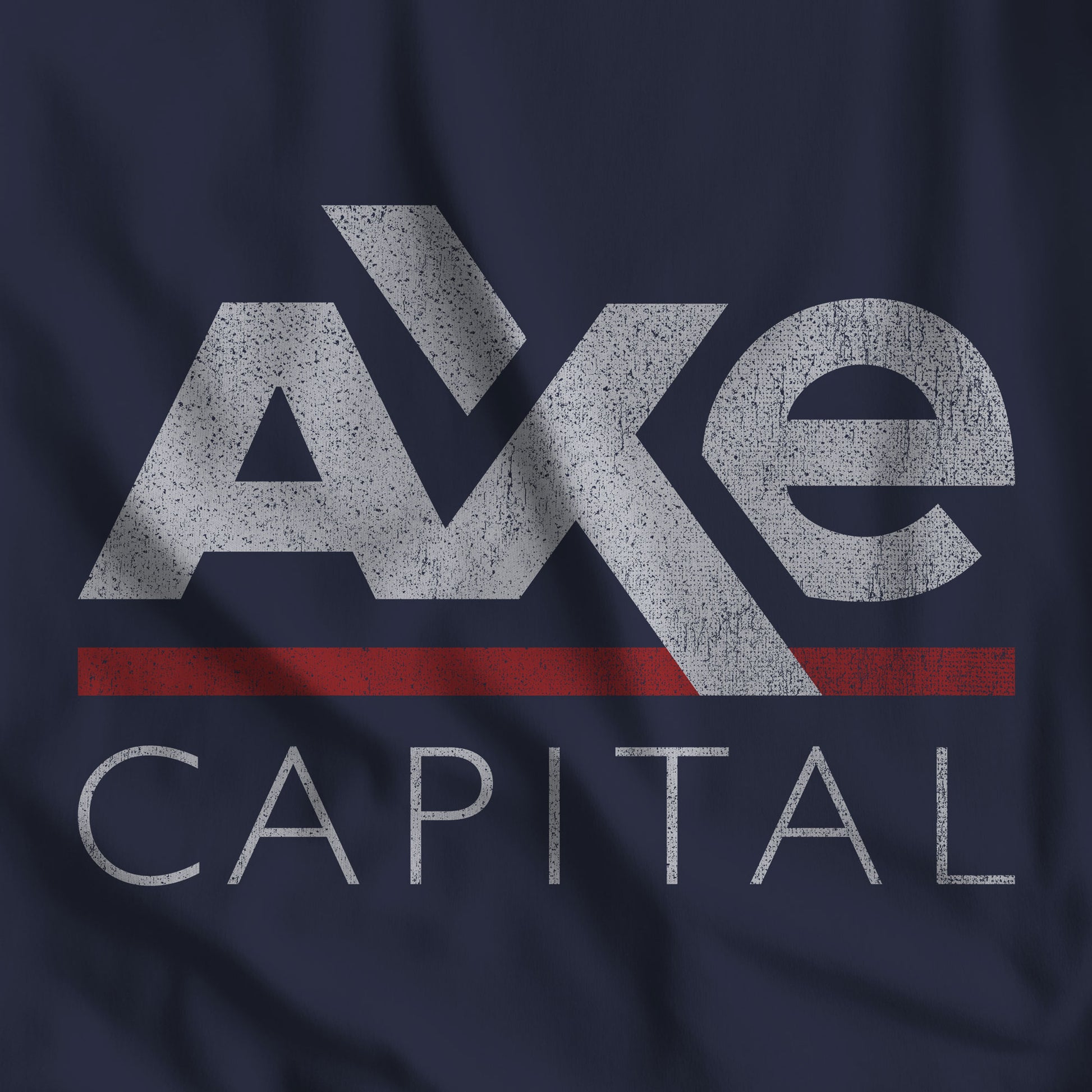 Closeup of Navy Blue t-shirt with the Axe Capital logo from the TV show Billions in a vintage distressed style.