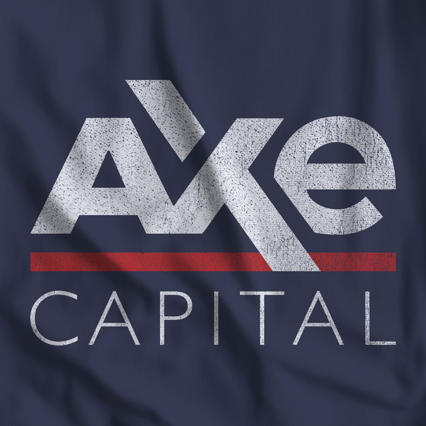 Closeup of Navy t-shirt with the Axe Capital logo from the TV show Billions in a vintage distressed style.