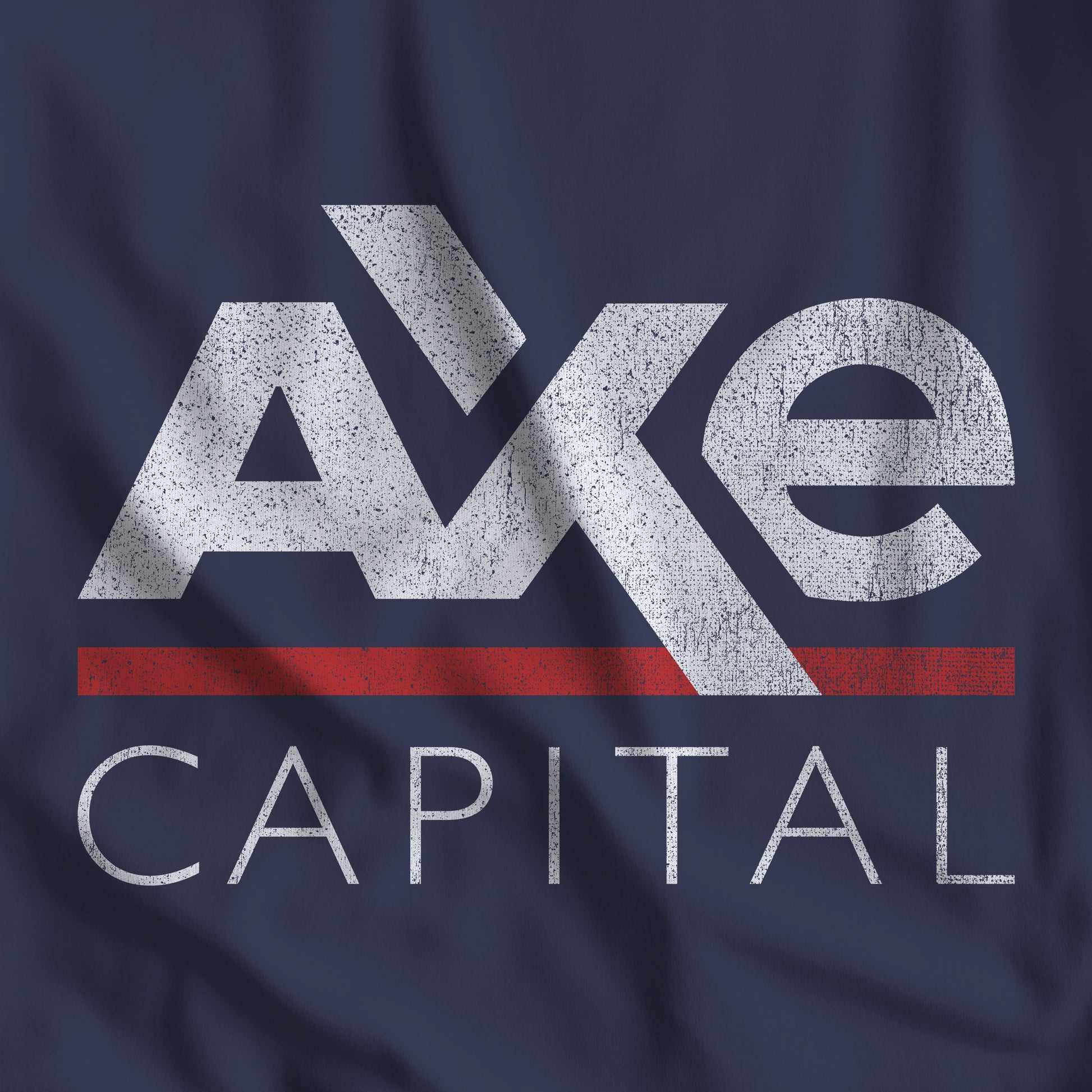 Closeup of Navy t-shirt with the Axe Capital logo from the TV show Billions in a vintage distressed style.