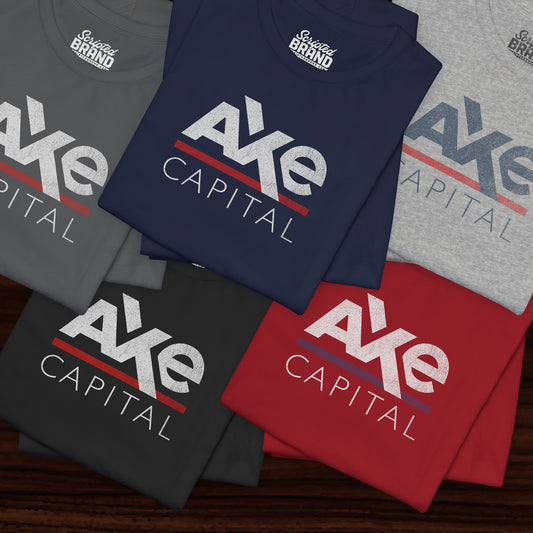 Group of 5 folded soft Bella+Canvas 3001 short-sleeve t-shirts featuring the Axe Capital logo from the TV show Billions in a vintage distressed style, sold by ScriptedBrand.