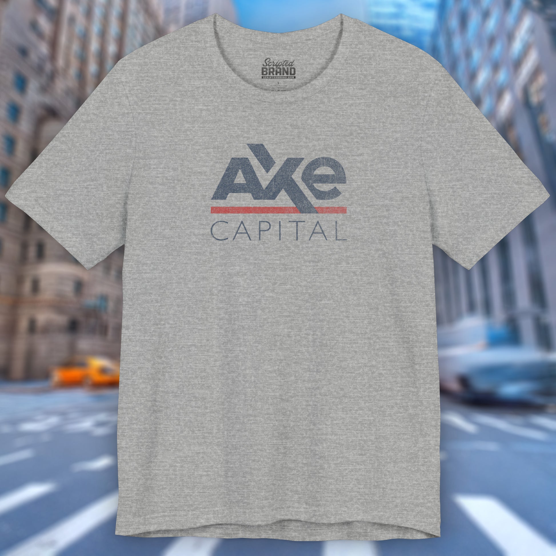 Front view of an athletic grey colored soft Bella+Canvas 3001 short-sleeve t-shirt featuring the Axe Capital logo from the TV show Billions in a vintage distressed style, sold by ScriptedBrand.