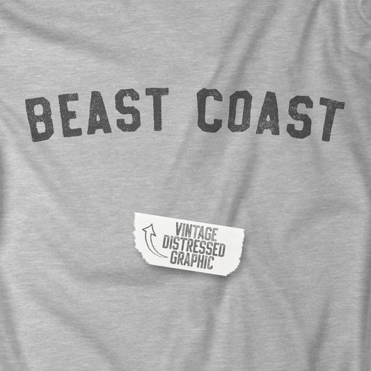 Closeup of Athletic Heather t-shirt with vintage BEAST COAST text inspired by Mac from It’s Always Sunny in Philadelphia.