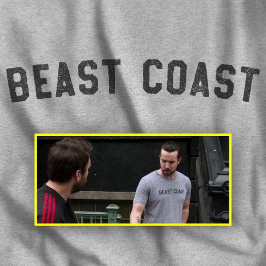 Closeup view of Heather Grey t-shirt with vintage BEAST COAST text inspired by Mac from It’s Always Sunny in Philadelphia.