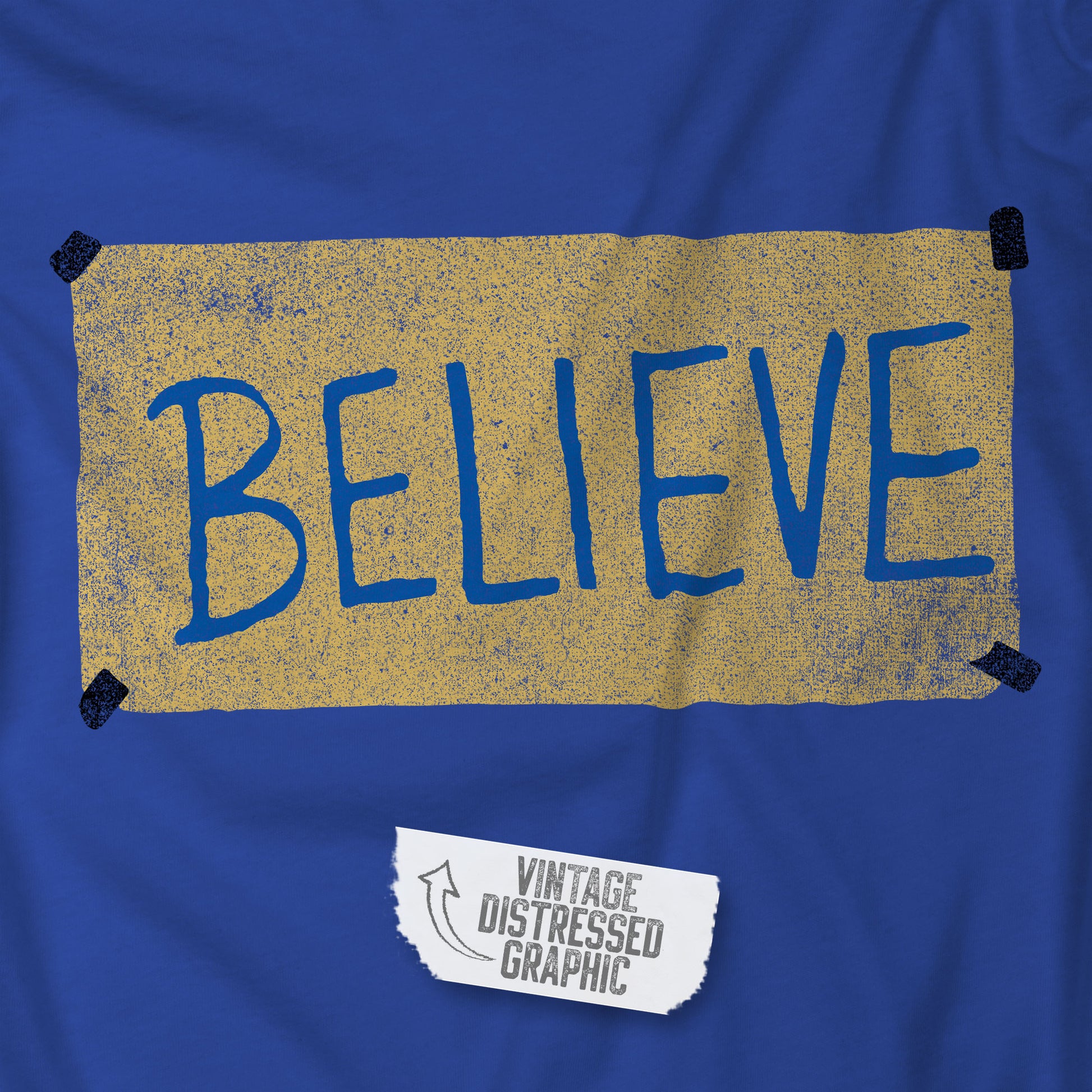 Closeup view of a royal blue colored soft Bella+Canvas 3001 short-sleeve t-shirt featuring a logo graphic of the BELIEVE sign Ted Lasso hung in the fictional English soccer team AFC Richmond locker room, inspired by the TV show Ted Lasso in a vintage distressed style, sold by ScriptedBrand.