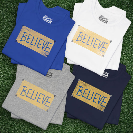 Group of 4 folded soft Bella+Canvas 3001 short-sleeve t-shirts featuring a logo graphic of the BELIEVE sign Ted Lasso hung in the fictional English soccer team AFC Richmond locker room, inspired by the TV show Ted Lasso in a vintage distressed style, sold by ScriptedBrand.