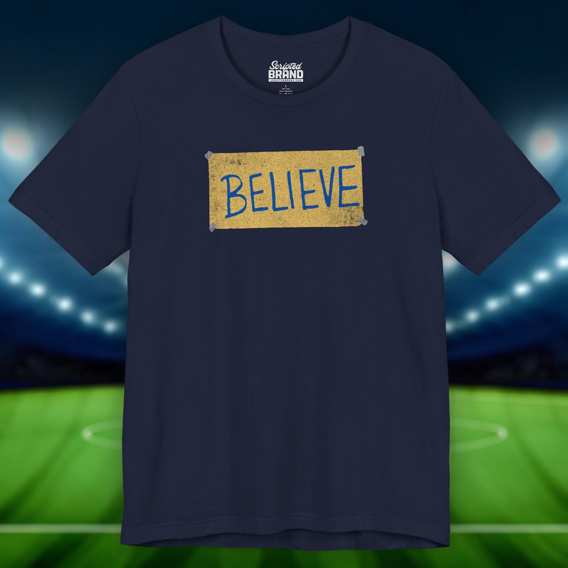 Front view of a navy blue colored soft Bella+Canvas 3001 short-sleeve t-shirt featuring a logo graphic of the BELIEVE sign Ted Lasso hung in the fictional English soccer team AFC Richmond locker room, inspired by the TV show Ted Lasso in a vintage distressed style, sold by ScriptedBrand.
