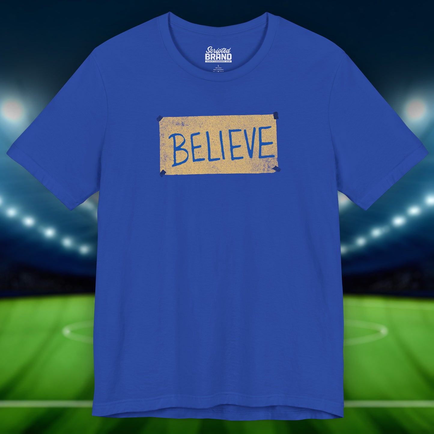 Front view of a royal blue colored soft Bella+Canvas 3001 short-sleeve t-shirt featuring a logo graphic of the BELIEVE sign Ted Lasso hung in the fictional English soccer team AFC Richmond locker room, inspired by the TV show Ted Lasso in a vintage distressed style, sold by ScriptedBrand.