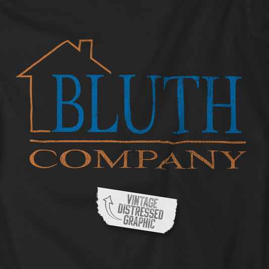 Closeup view of black Bella+Canvas t-shirt featuring a vintage Bluth Company logo inspired by the TV show Arrested Development.