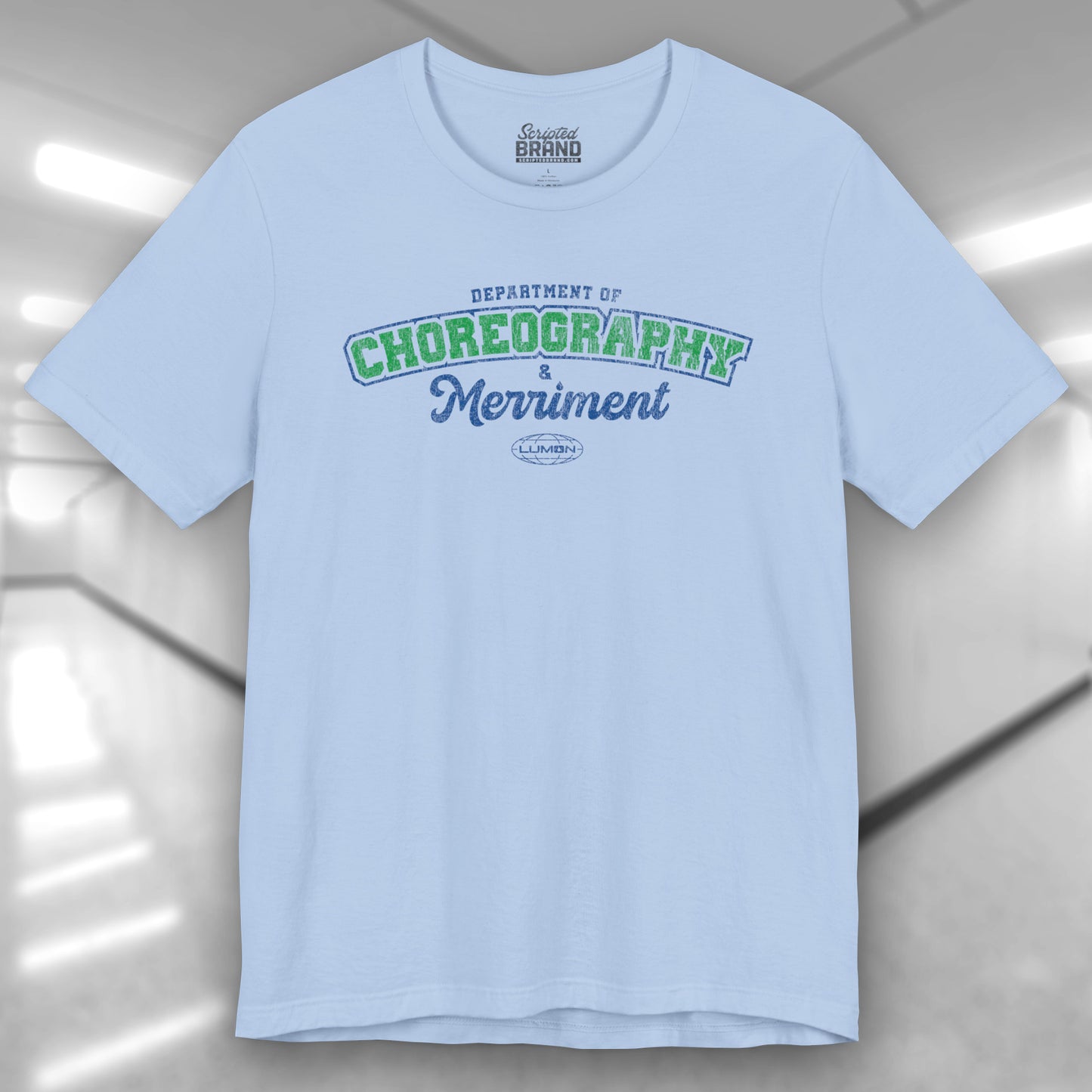 Front view of a baby blue Soft Bella+Canvas 3001 short-sleeve t-shirt featuring the Department of Choreography and Merriment logo graphic inspired by the TV show Severance and Lumon Industries in a vintage distressed style, sold by ScriptedBrand.