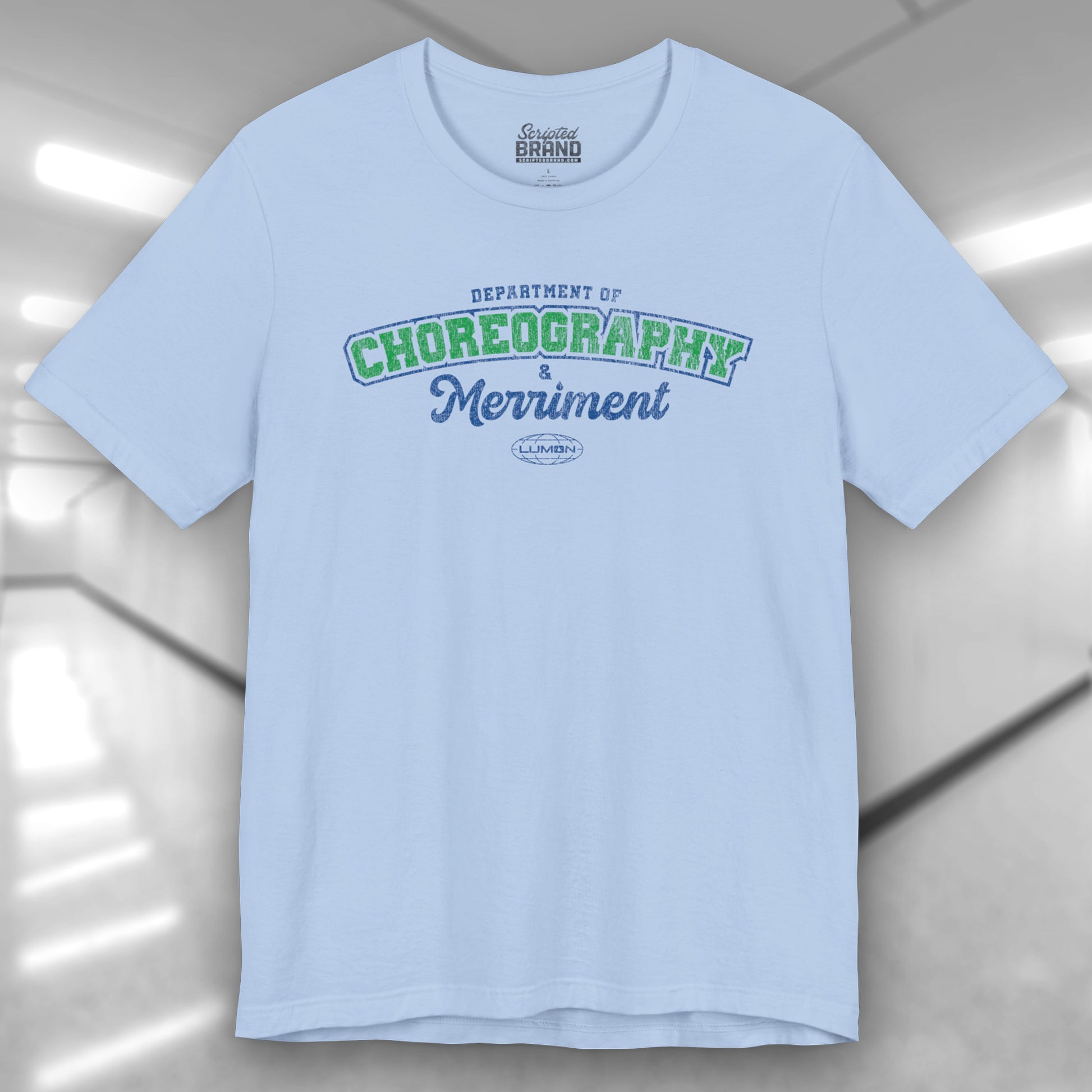Front view of a baby blue Soft Bella+Canvas 3001 short-sleeve t-shirt featuring the Department of Choreography and Merriment logo graphic inspired by the TV show Severance and Lumon Industries in a vintage distressed style, sold by ScriptedBrand.