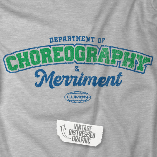 Closeup of an athletic heather gray Soft Bella+Canvas 3001 short-sleeve t-shirt featuring the Department of Choreography and Merriment logo graphic inspired by the TV show Severance and Lumon Industries in a vintage distressed style, sold by ScriptedBrand.