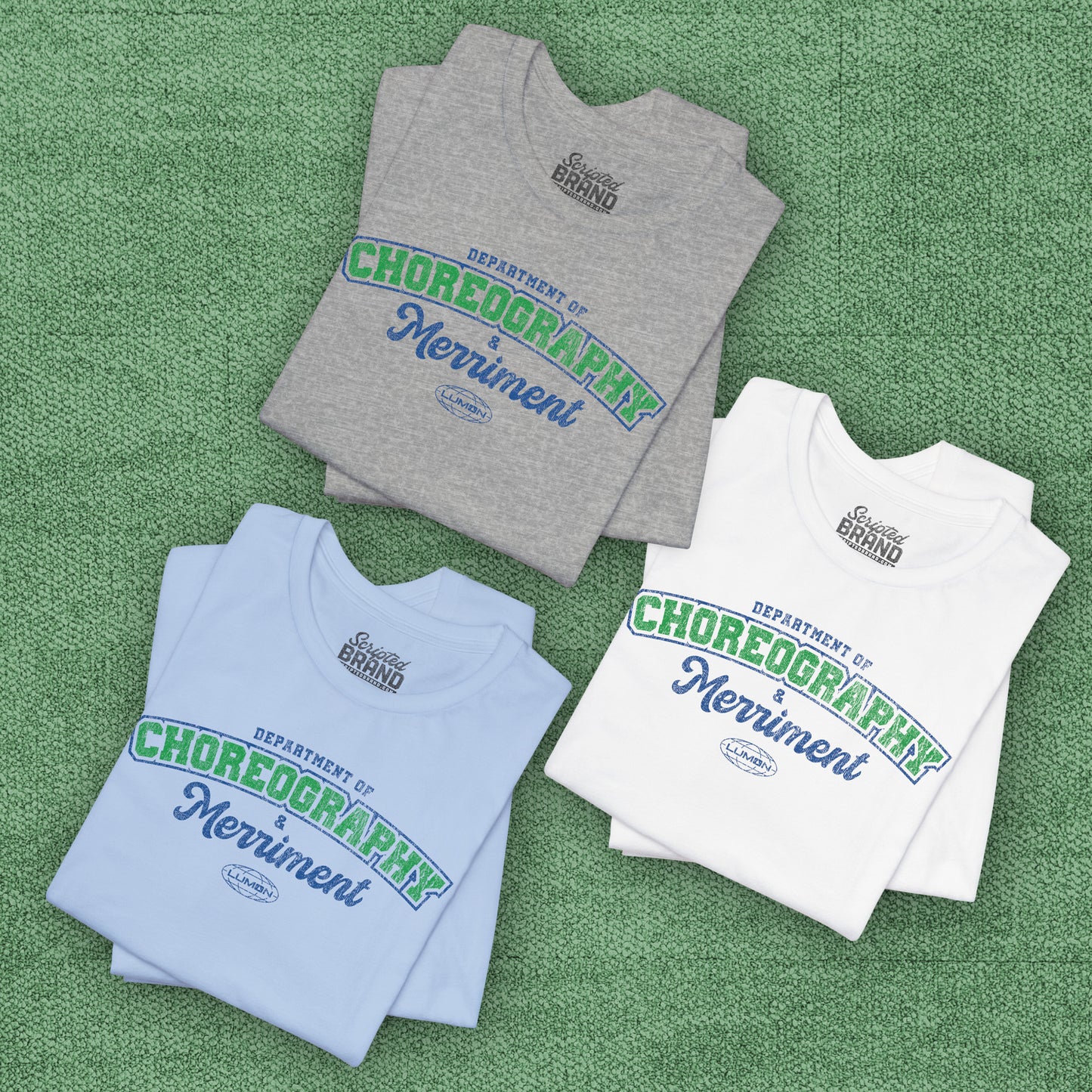 Group of 3 folded Soft Bella+Canvas 3001 short-sleeve t-shirts featuring the Department of Choreography and Merriment logo graphic inspired by the TV show Severance and Lumon Industries in a vintage distressed style, sold by ScriptedBrand.