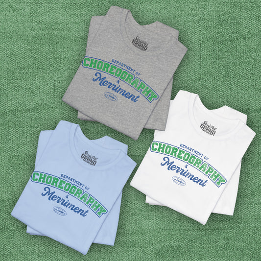 Group of 3 folded Soft Bella+Canvas 3001 short-sleeve t-shirts featuring the Department of Choreography and Merriment logo graphic inspired by the TV show Severance and Lumon Industries in a vintage distressed style, sold by ScriptedBrand.