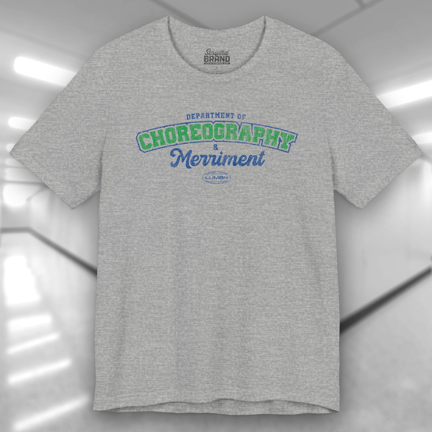 Front view of an athletic heather gray Soft Bella+Canvas 3001 short-sleeve t-shirt featuring the Department of Choreography and Merriment logo graphic inspired by the TV show Severance and Lumon Industries in a vintage distressed style, sold by ScriptedBrand.