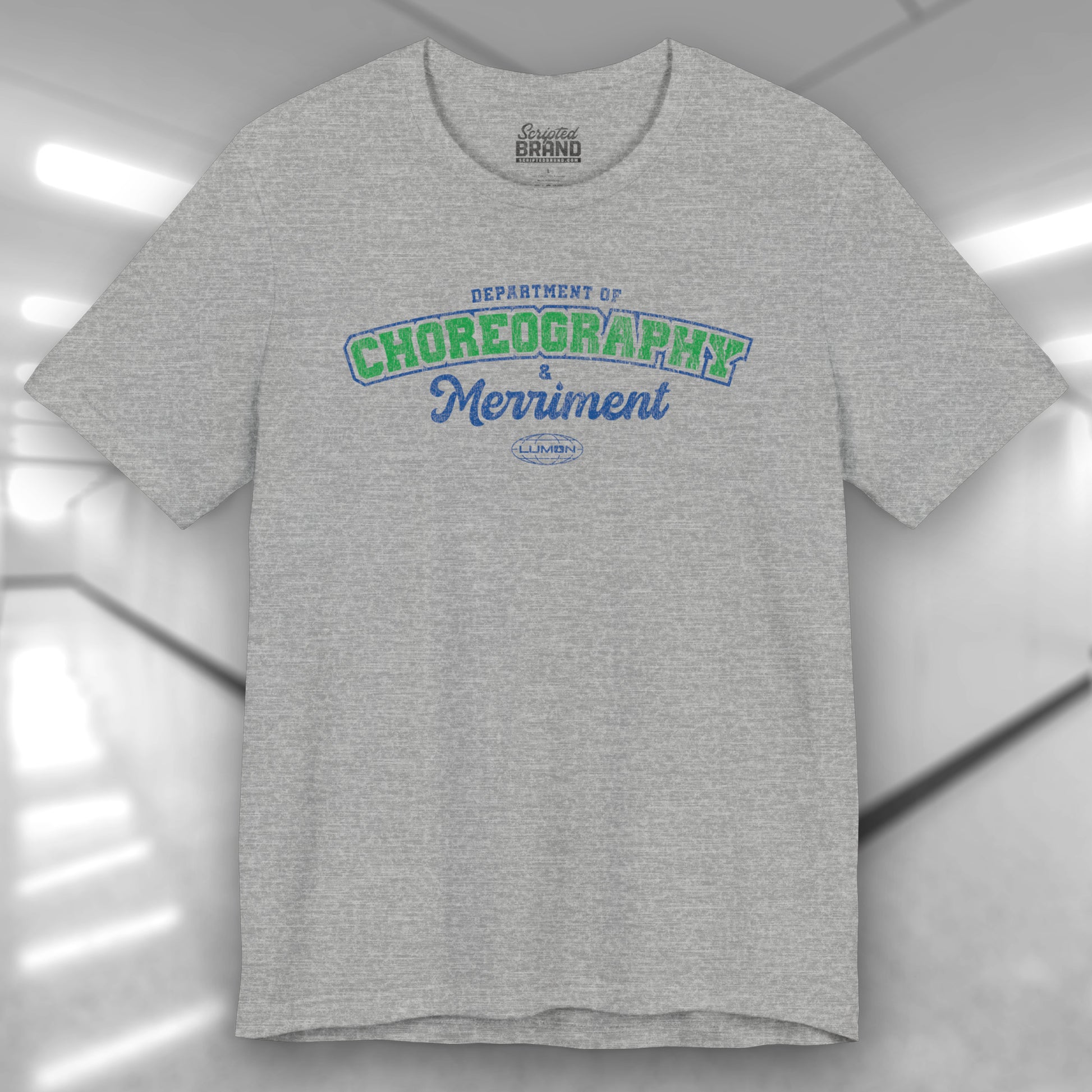 Front view of an athletic heather gray Soft Bella+Canvas 3001 short-sleeve t-shirt featuring the Department of Choreography and Merriment logo graphic inspired by the TV show Severance and Lumon Industries in a vintage distressed style, sold by ScriptedBrand.