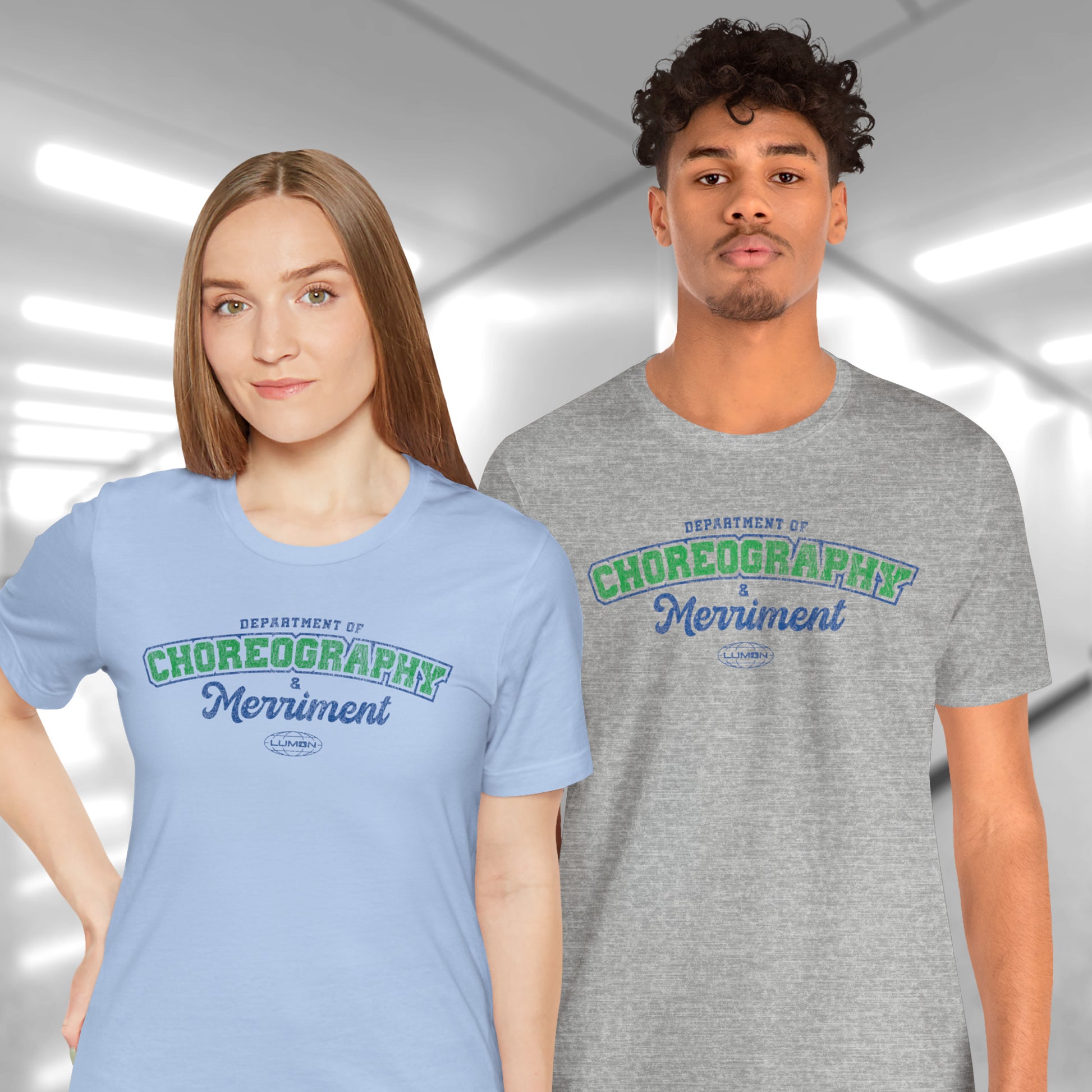 2 models wearing Soft Bella+Canvas 3001 short-sleeve t-shirts featuring the Department of Choreography and Merriment logo graphic inspired by the TV show Severance and Lumon Industries in a vintage distressed style, sold by ScriptedBrand.