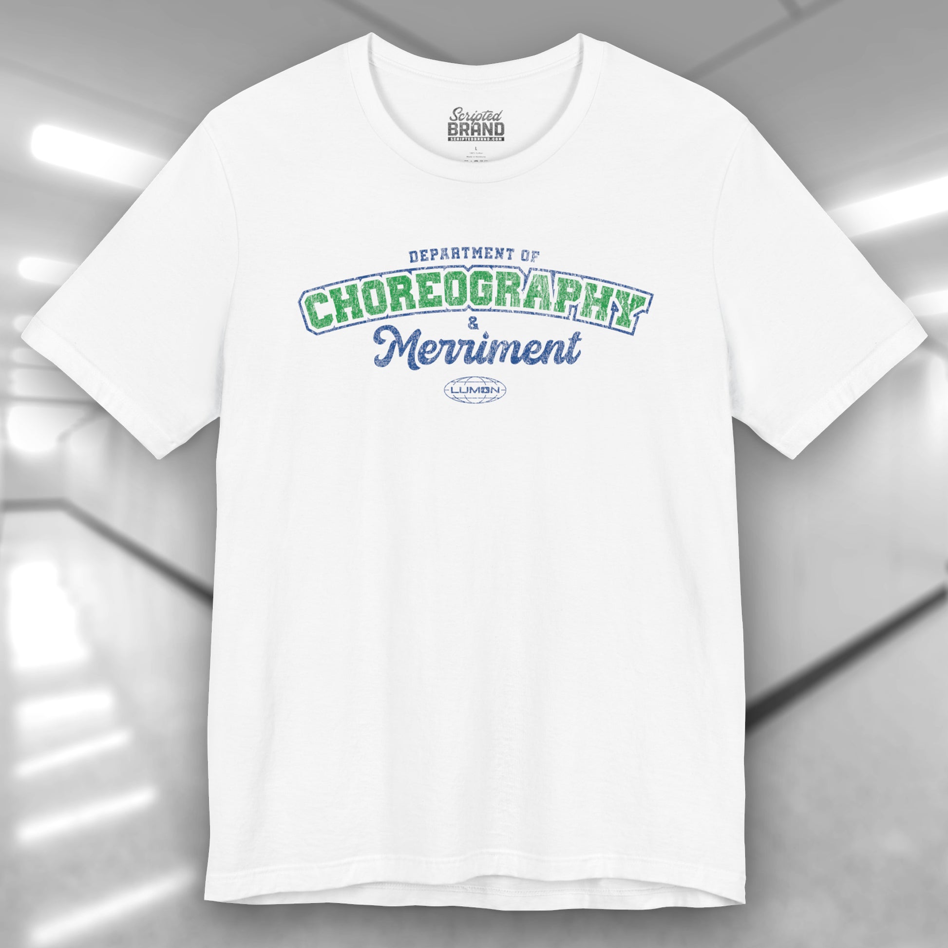Front view of a white Soft Bella+Canvas 3001 short-sleeve t-shirt featuring the Department of Choreography and Merriment logo graphic inspired by the TV show Severance and Lumon Industries in a vintage distressed style, sold by ScriptedBrand.