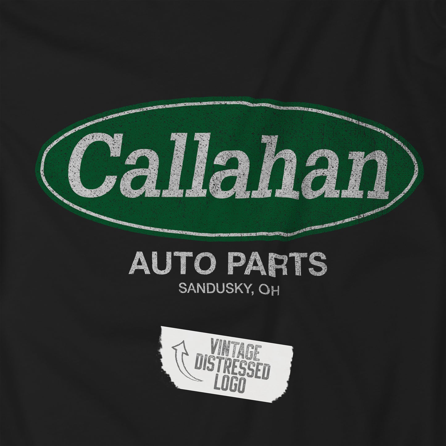 Closeup view of a black t-shirt with the Callahan Auto Parts logo from the movie Tommy Boy in a vintage distressed style.