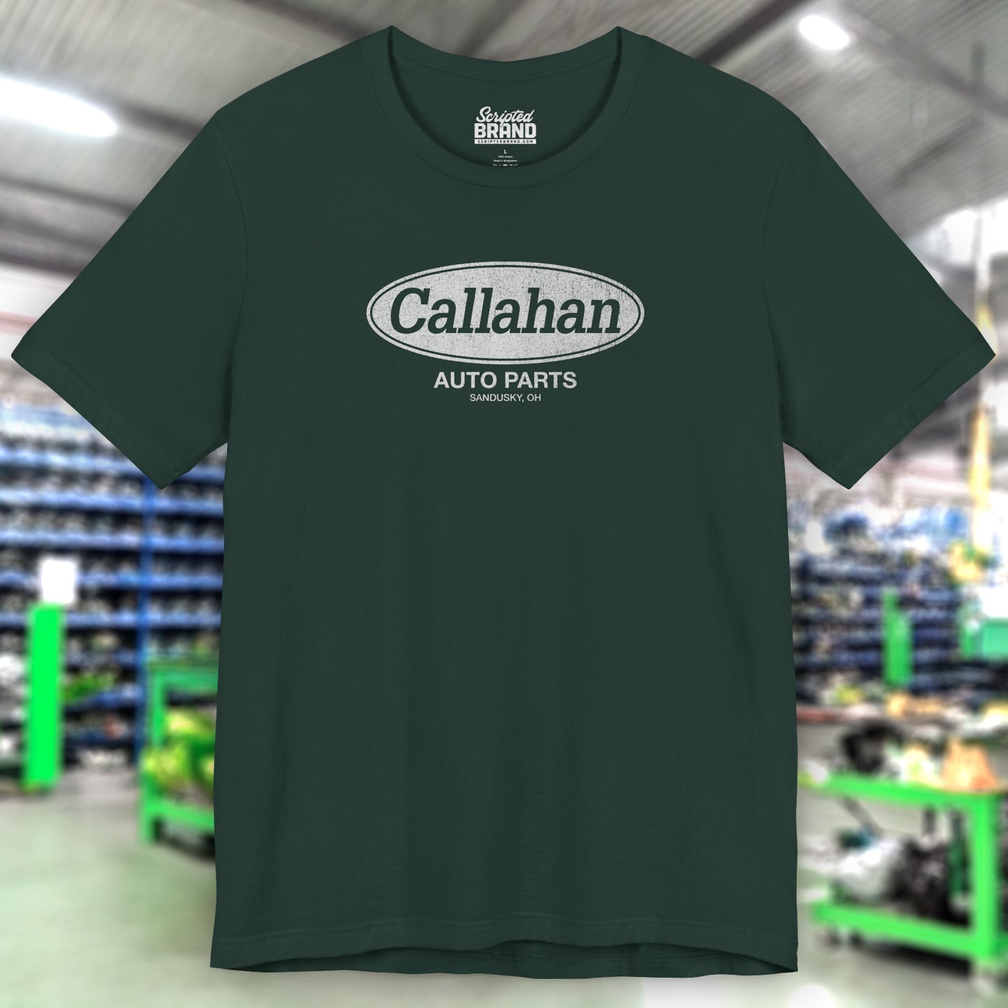 Front view of a Forest Green t-shirt with the Callahan Auto Parts logo from the movie Tommy Boy in a vintage distressed style.