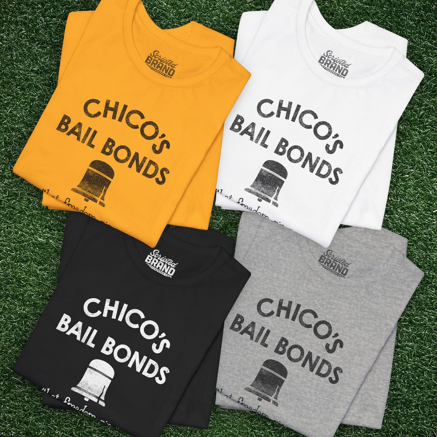 Four folded t-shirts with distressed Chico’s Bail Bonds logo and “Let freedom ring” slogan from The Bad News Bears movie.