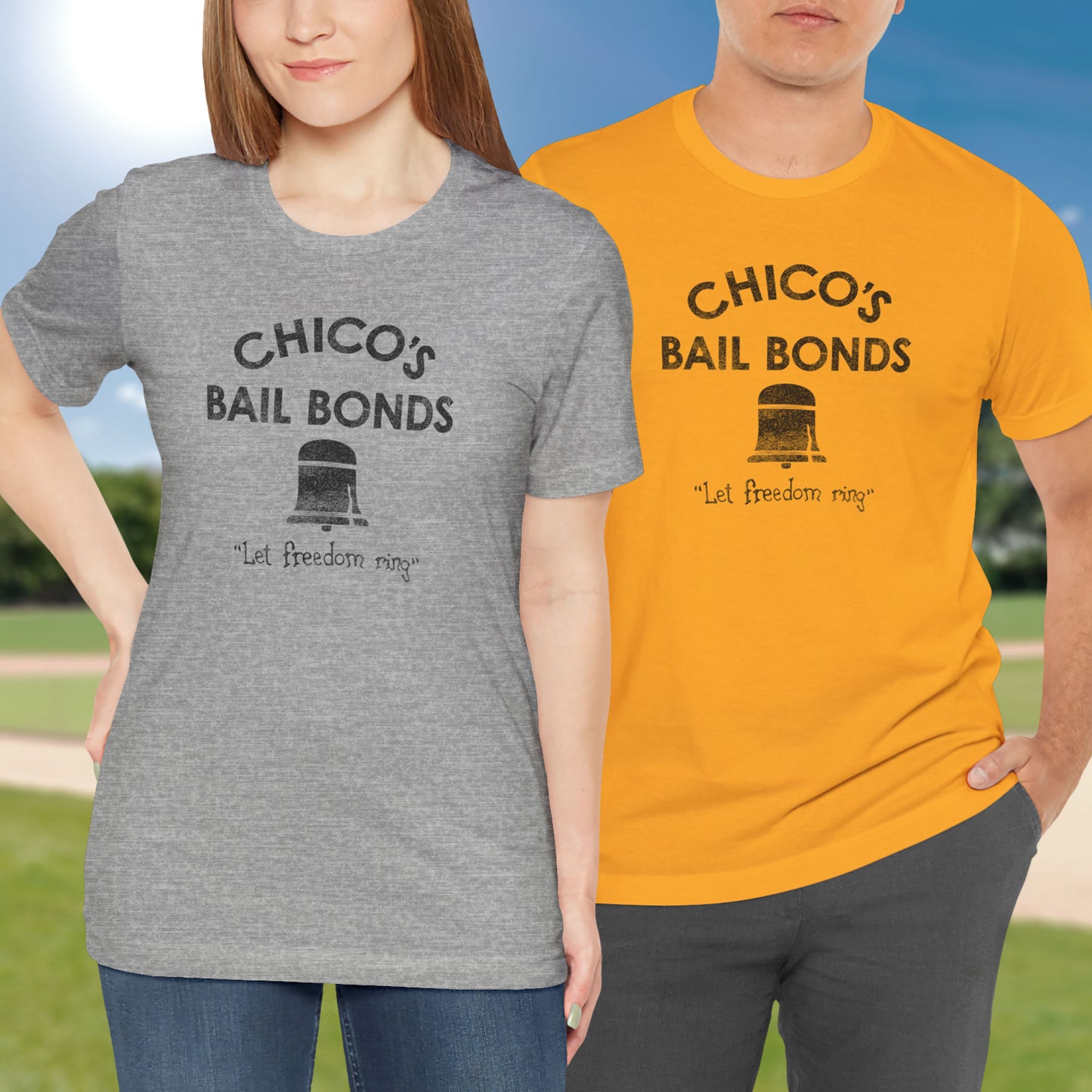 2 models wearing t-shirts with distressed Chico’s Bail Bonds logo and “Let freedom ring” slogan from The Bad News Bears movie.