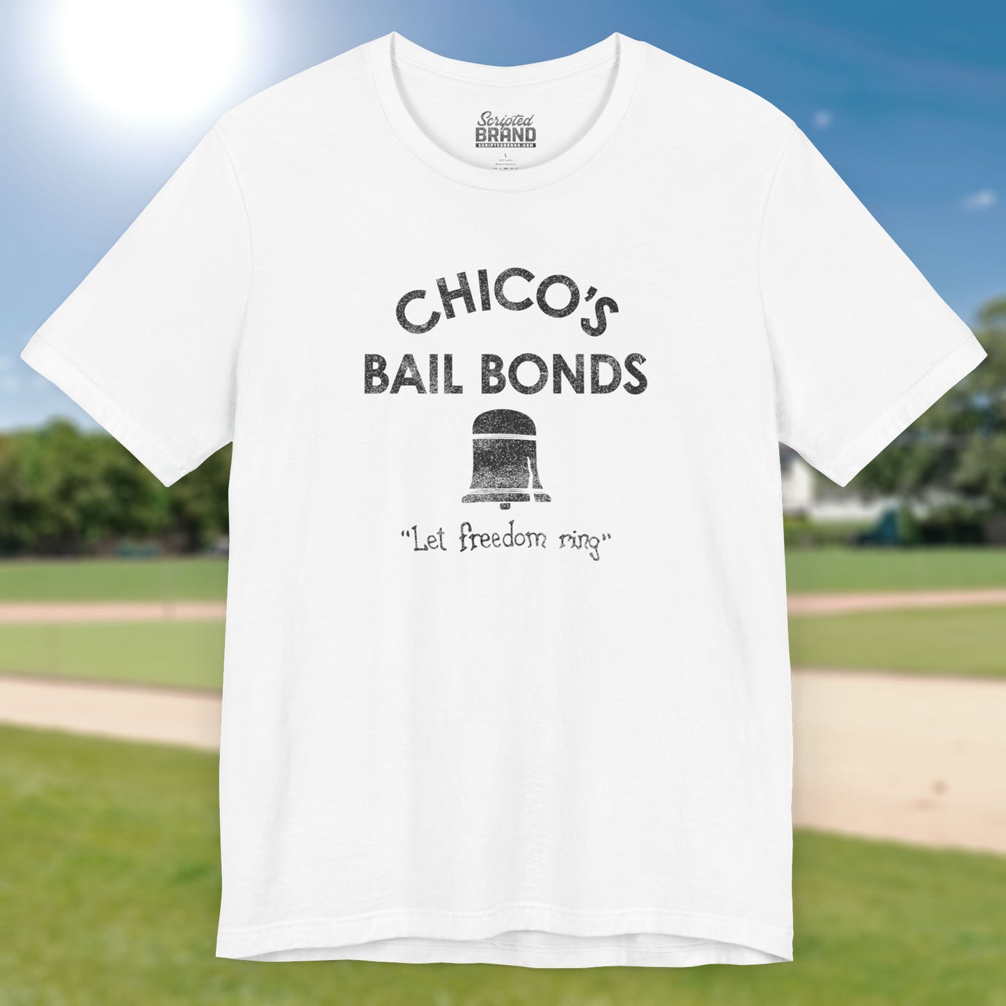 Front view of white t-shirt with distressed Chico’s Bail Bonds logo and “Let freedom ring” slogan from The Bad News Bears movie.