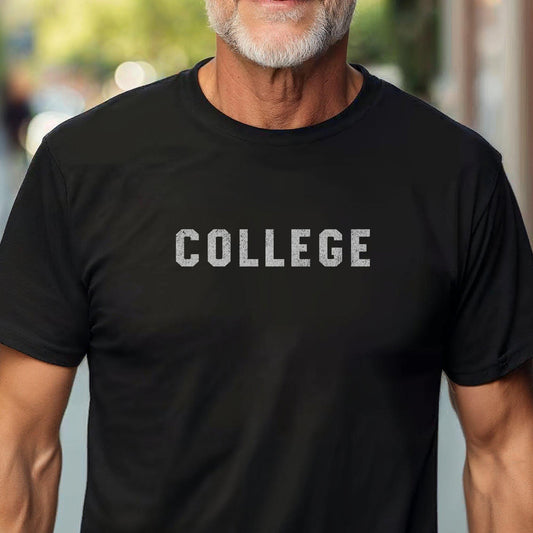 Man wearing a black t-shirt with the 'COLLEGE' word mark John Belushi wore in the movie Animal House, standing outdoors.