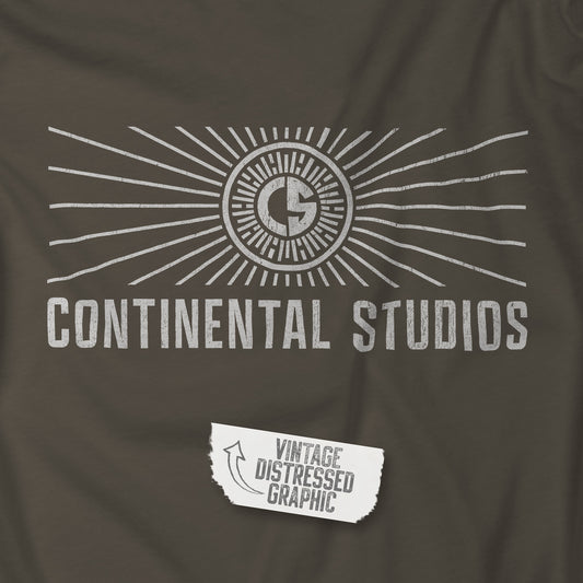 Closeup of a Soft Bella+Canvas 3001 short-sleeve t-shirt featuring the logo graphic of the fictional movie studio Continental Studios inspired by the Apple TV show The Studio in a vintage distressed style, sold by ScriptedBrand.