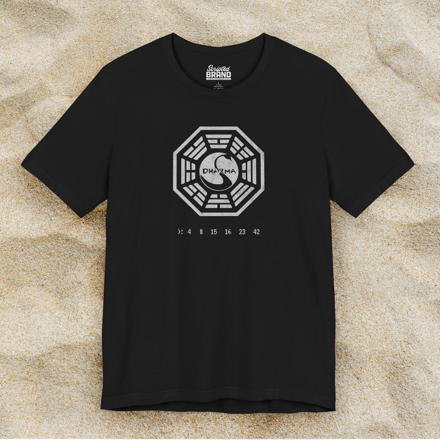 Black short-sleeve t-shirt featuring the Dharma Initiative swan station logo graphic from the TV show LOST in a vintage distressed  style.
