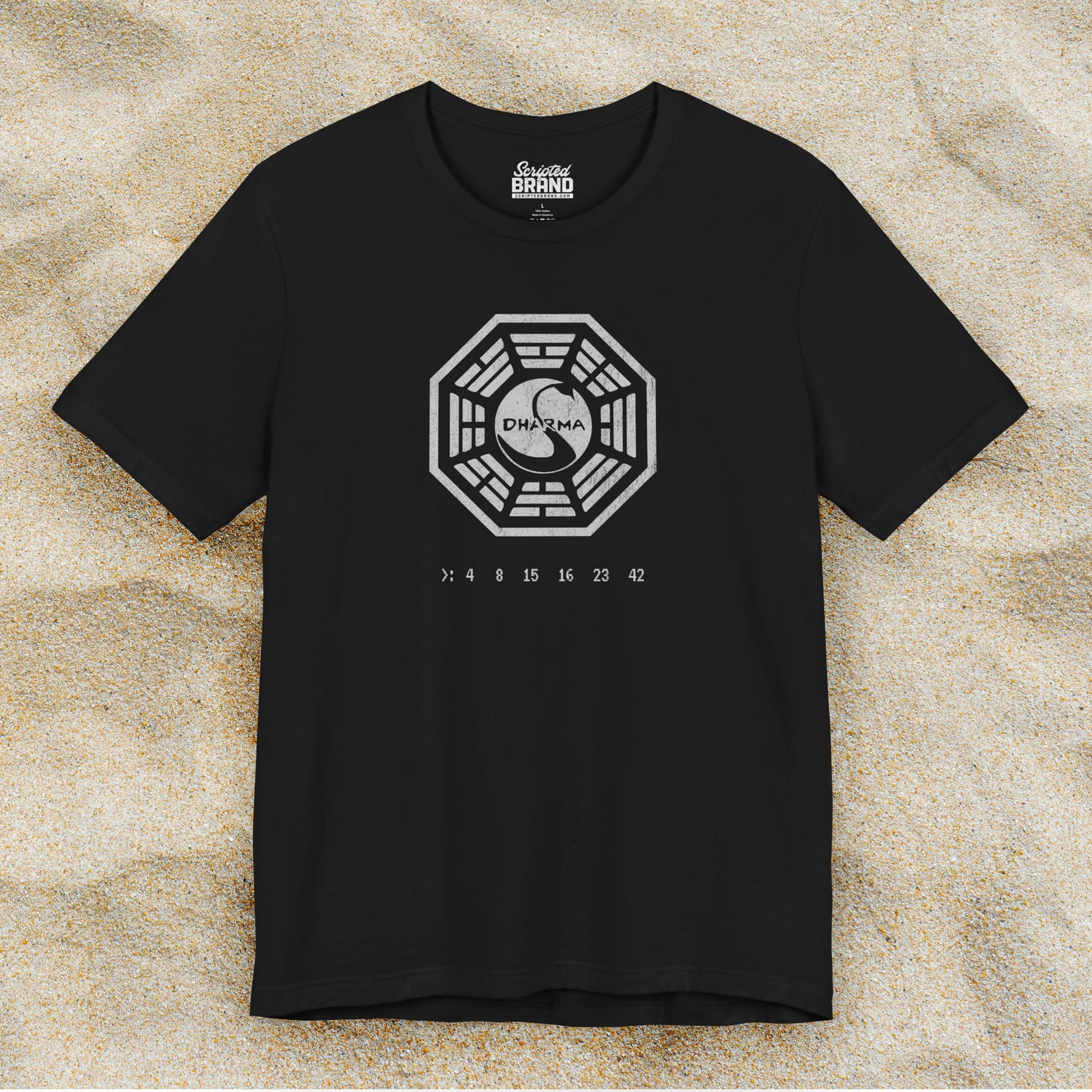 Black short-sleeve t-shirt featuring the Dharma Initiative swan station logo graphic from the TV show LOST in a vintage distressed  style.