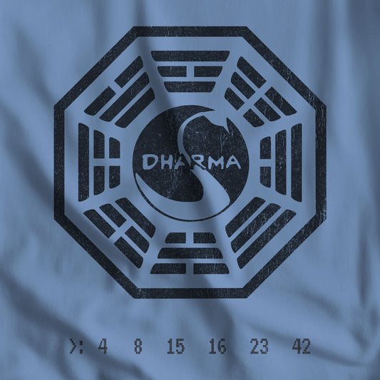 Closeup view of Lavender Light Blue bella+canvas soft t-shirt featuring a distressed Dharma Initiative swan logo graphic from the TV show LOST.