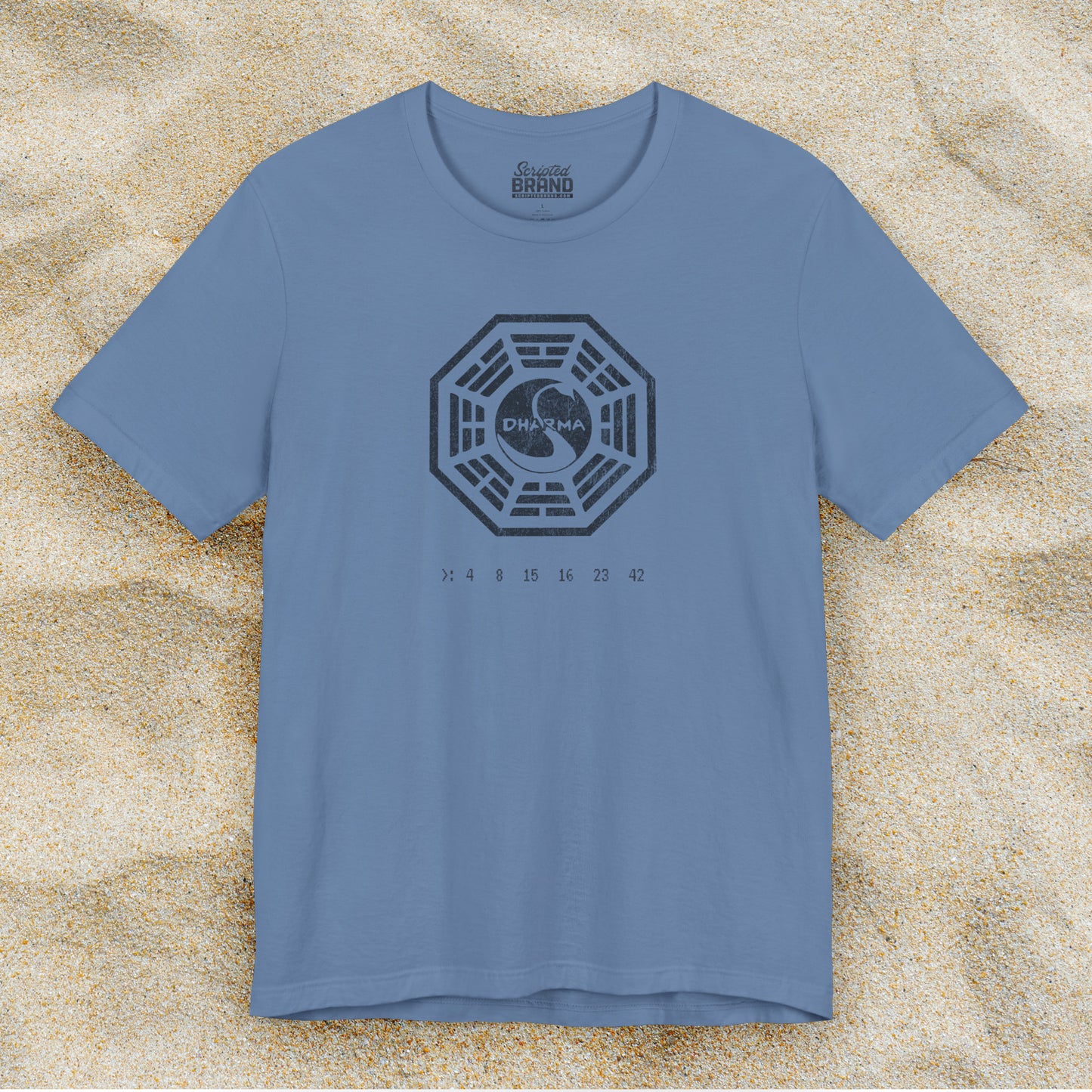 Lavender blue short-sleeve t-shirt featuring the Dharma Initiative swan station logo graphic from the TV show LOST in a vintage distressed  style.