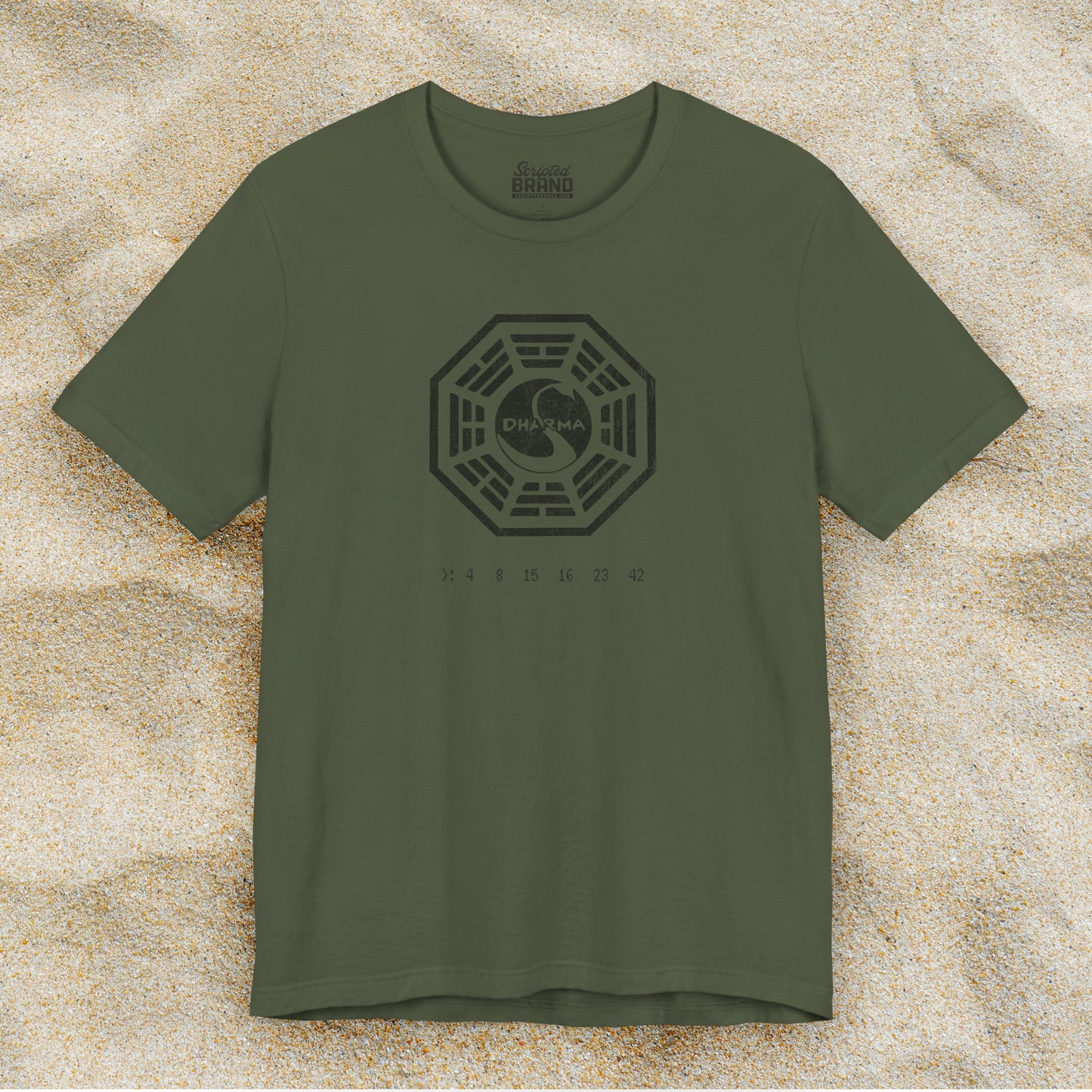 Military green short-sleeve t-shirt featuring the Dharma Initiative swan station logo graphic from the TV show LOST in a vintage distressed style.
