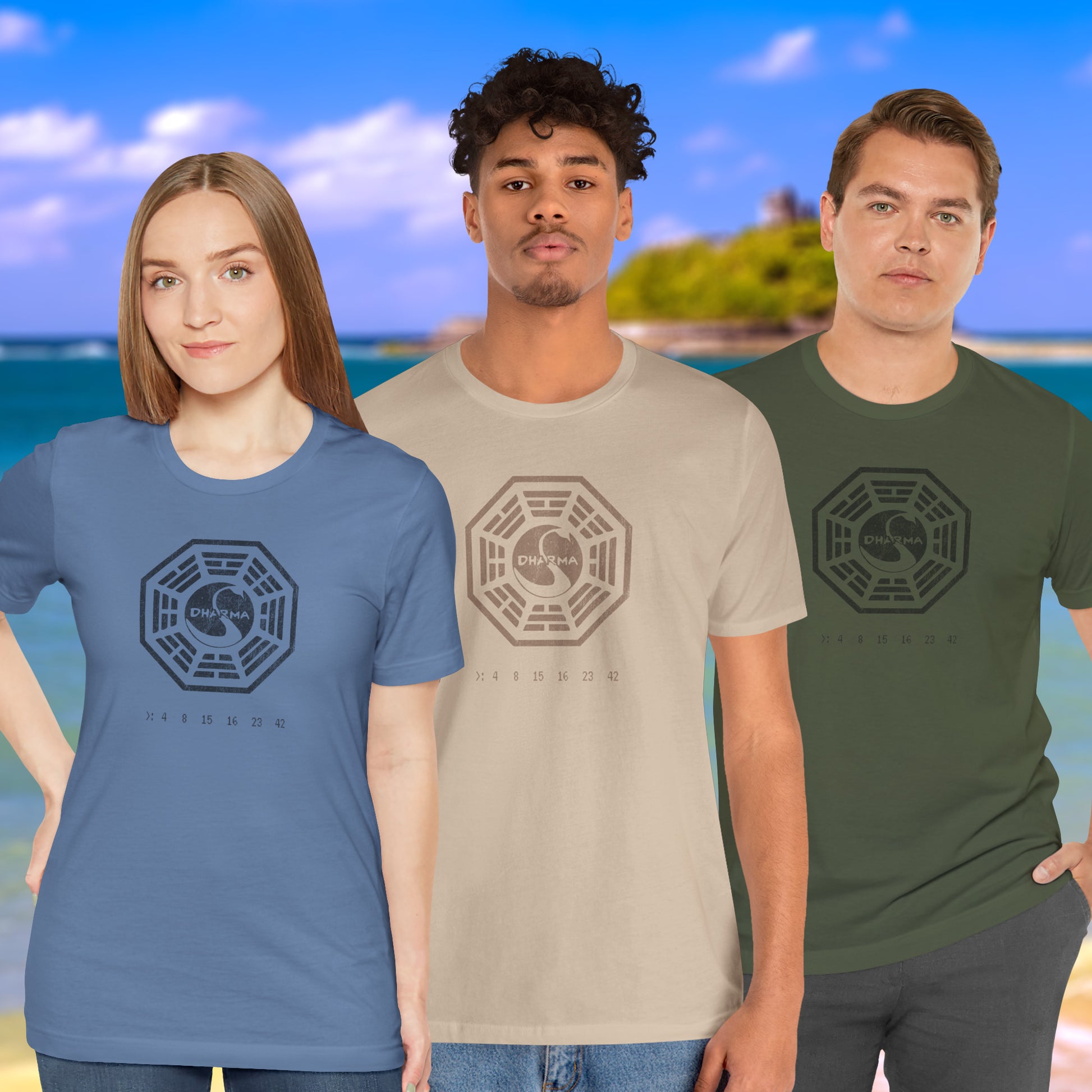 3 models wearing short-sleeve t-shirts featuring the Dharma Initiative swan station logo graphic from the TV show LOST in a vintage distressed style.