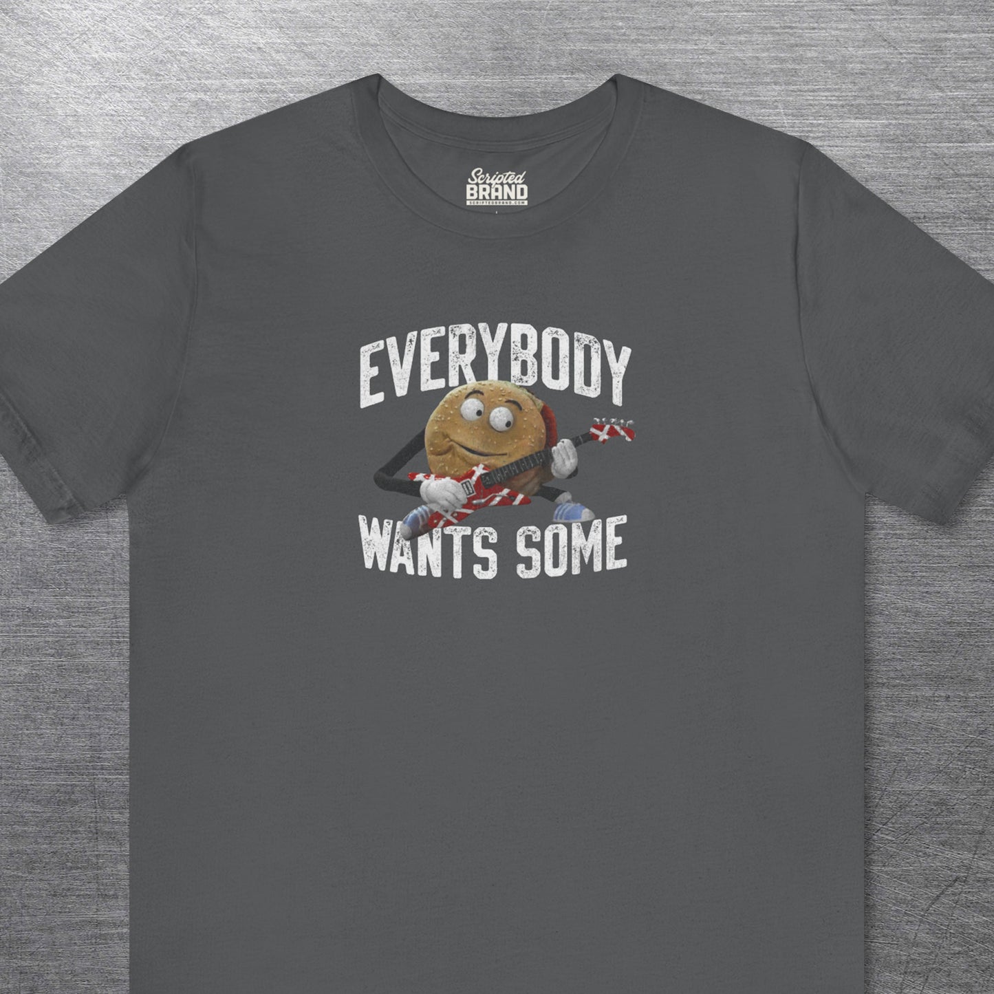 Asphalt Gray Bella Canvas Tee featuring Better Off Dead movie vintage Van Halen guitar Everybody Wants Some graphic with pig burger.